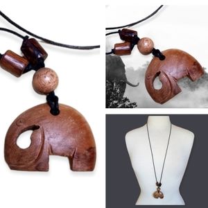 Vintage Boho 1970s Tribal Elephant Necklace Hand Carved Wood